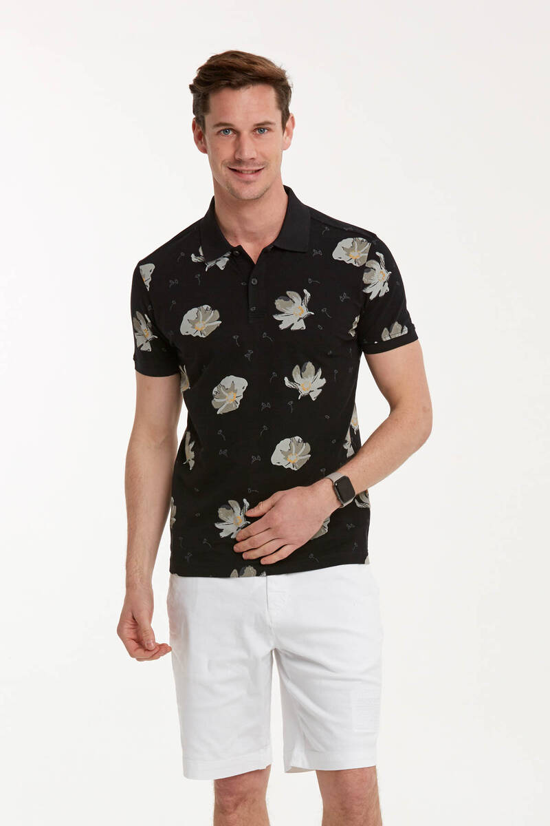 Floral Pattern Printed Polo Neck Men's T-Shirt