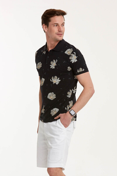 Floral Pattern Printed Polo Neck Men's T-Shirt - Thumbnail
