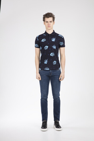 Floral Pattern Printed Polo Neck Men's T-Shirt - Thumbnail