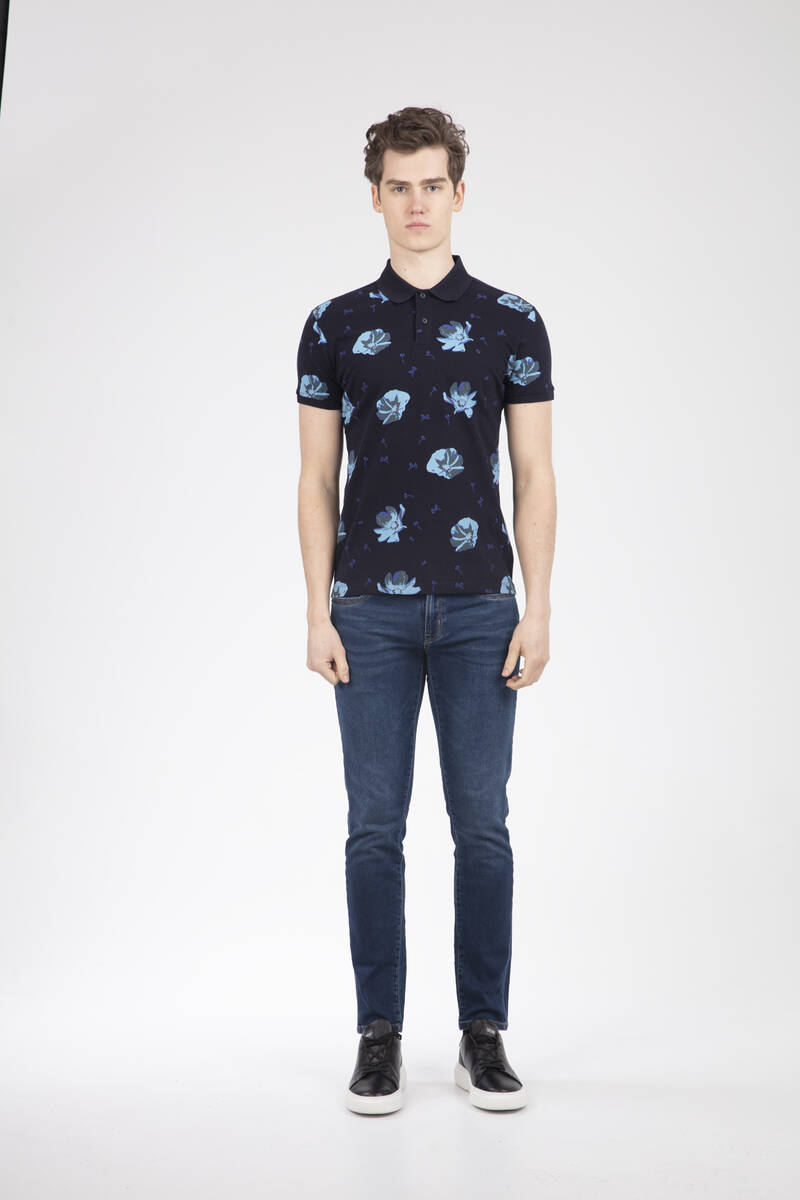 Floral Pattern Printed Polo Neck Men's T-Shirt - 2