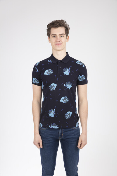 Floral Pattern Printed Polo Neck Men's T-Shirt - Thumbnail