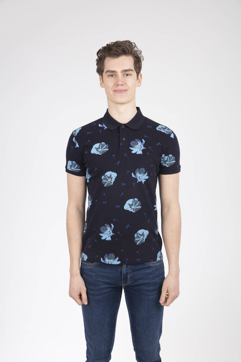 Floral Pattern Printed Polo Neck Men's T-Shirt - 1