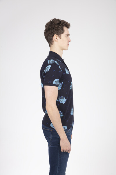 Floral Pattern Printed Polo Neck Men's T-Shirt - Thumbnail