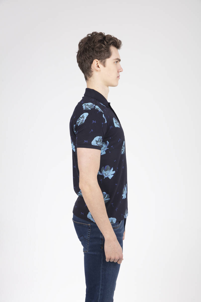Floral Pattern Printed Polo Neck Men's T-Shirt - 3