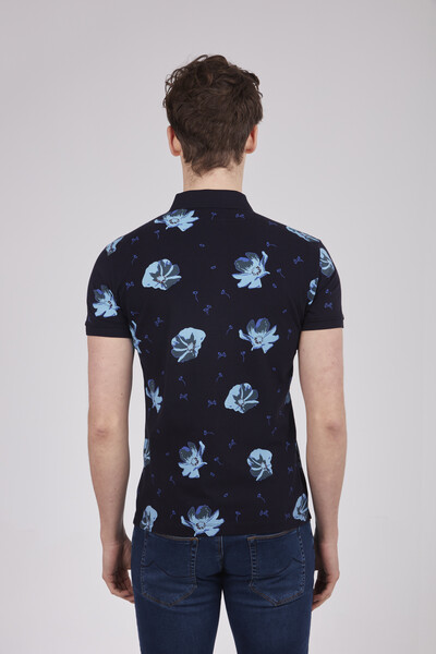 Floral Pattern Printed Polo Neck Men's T-Shirt - Thumbnail