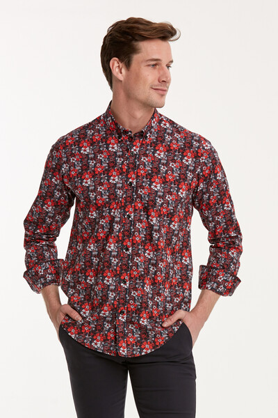 Floral Patterned Cotton Claret Red Slim Fit Men's Shirt - Thumbnail