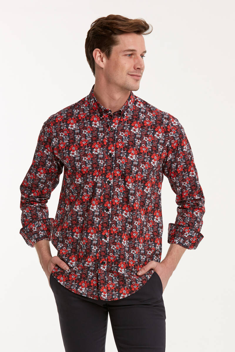 Floral Patterned Cotton Claret Red Slim Fit Men's Shirt