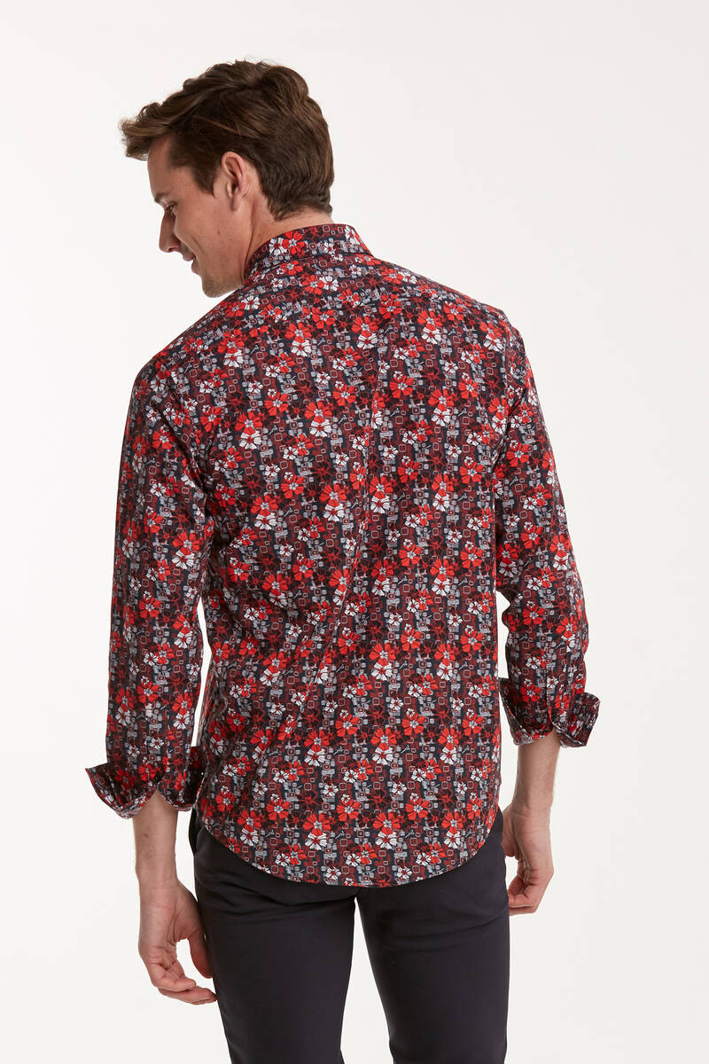 Floral Patterned Cotton Claret Red Slim Fit Men's Shirt