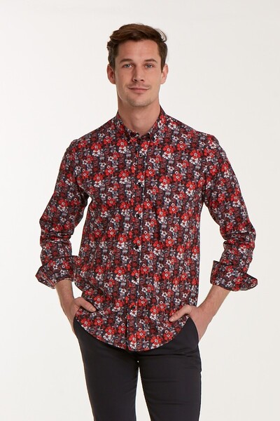 VOLTAJ - Floral Patterned Cotton Claret Red Slim Fit Men's Shirt