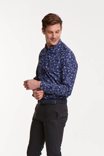 Floral Patterned Cotton Dark Blue Slim Fit Men's Shirt - Thumbnail