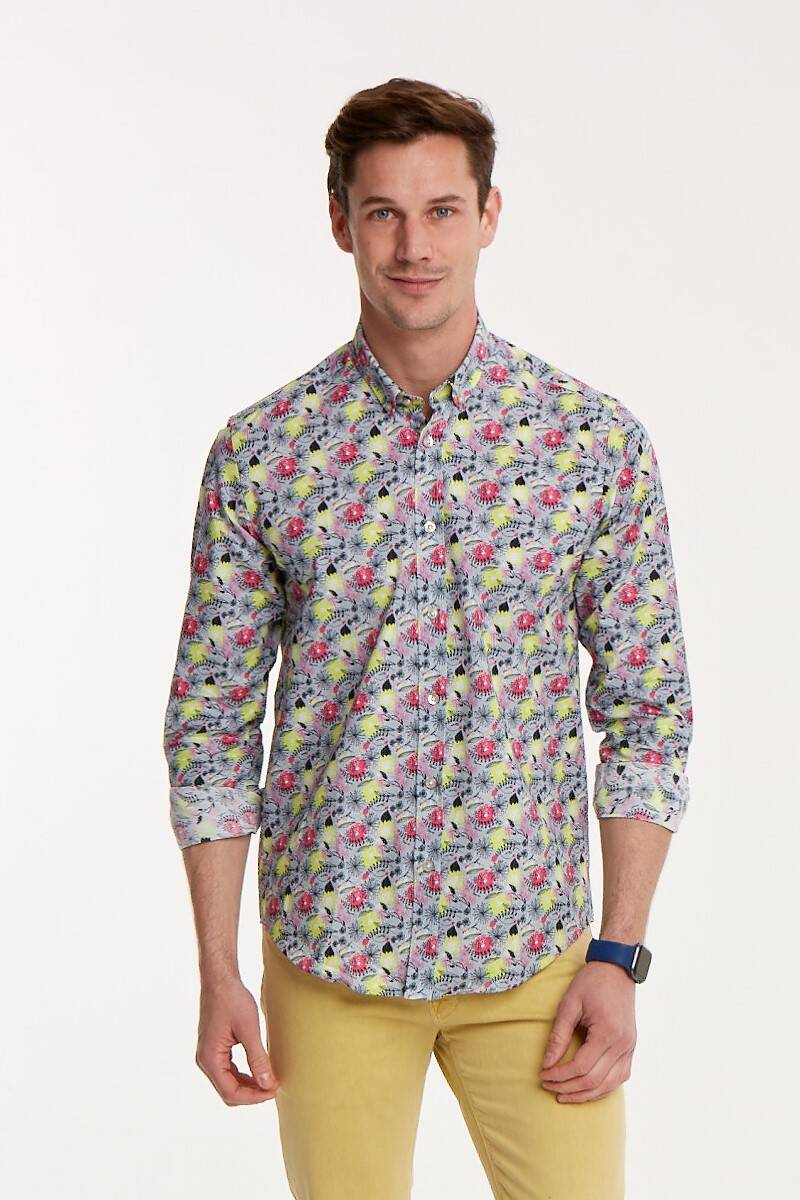 Floral Patterned Cotton Gray Slim Fit Men's Shirt