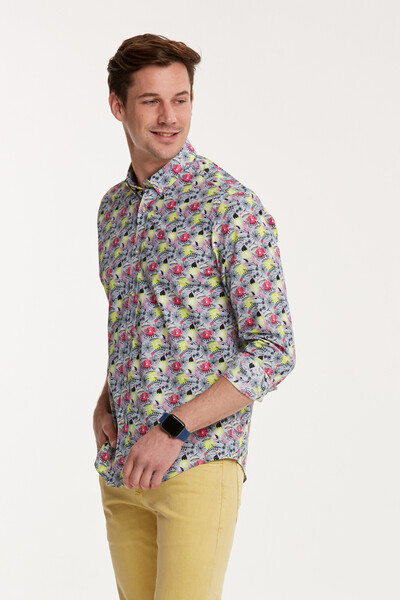 Floral Patterned Cotton Gray Slim Fit Men's Shirt - Thumbnail