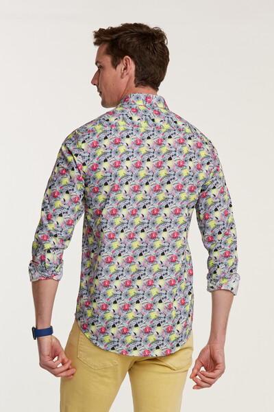 Floral Patterned Cotton Gray Slim Fit Men's Shirt - Thumbnail