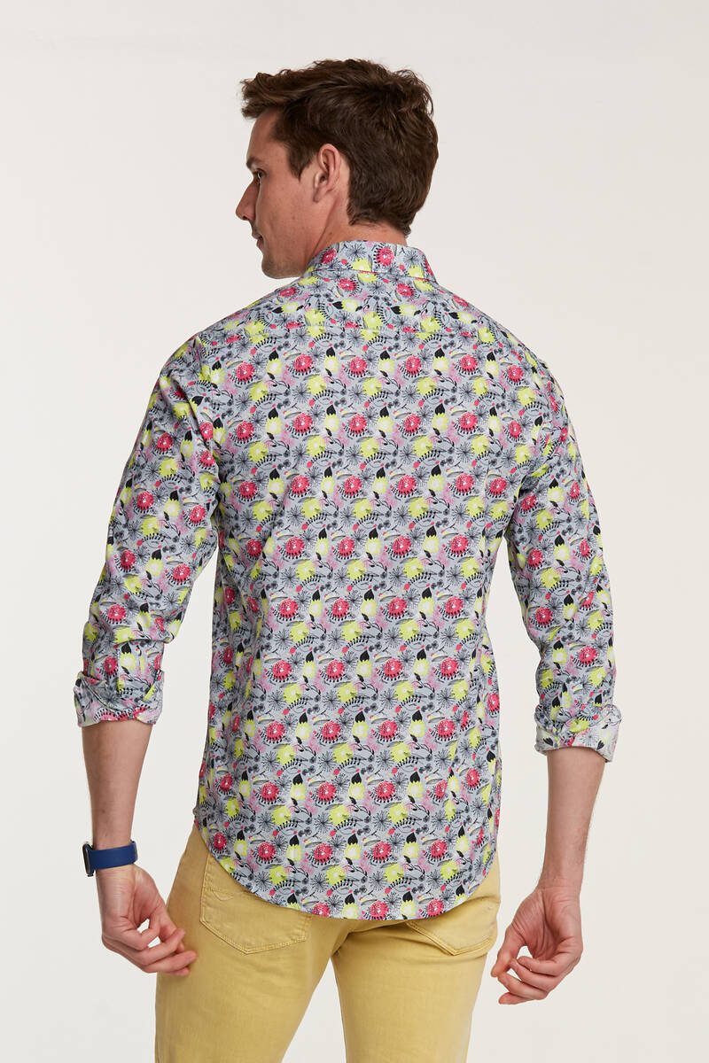 Floral Patterned Cotton Gray Slim Fit Men's Shirt