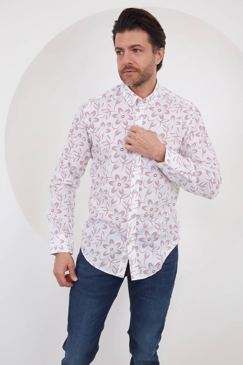 Floral Patterned Cotton White Red Slim Fit Men's Shirt
