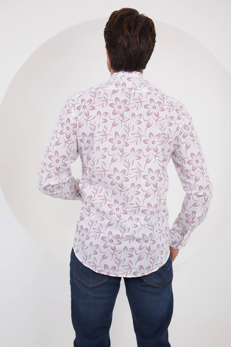 Floral Patterned Cotton White Red Slim Fit Men's Shirt