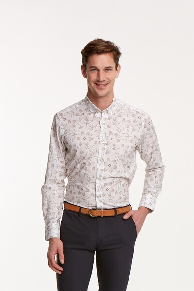Floral Patterned Cotton White Slim Fit Men's Shirt - Thumbnail