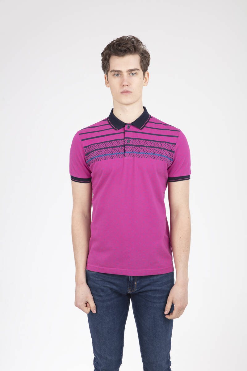 Geometric Pattern and Line Printed Polo Neck Men's T-Shirt