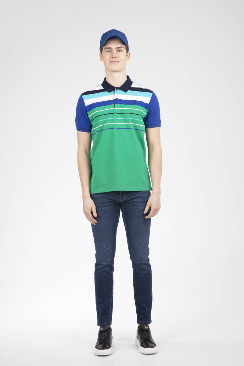 Green Sax Blue Navy Blue Embroidered Polo Neck T-Shirt