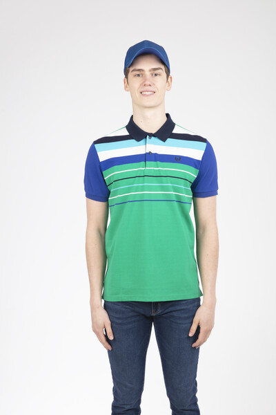 VOLTAJ - Green Sax Blue Navy Blue Embroidered Polo Neck T-Shirt