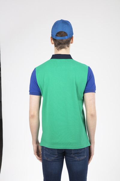Green Sax Blue Navy Blue Embroidered Polo Neck T-Shirt - 4