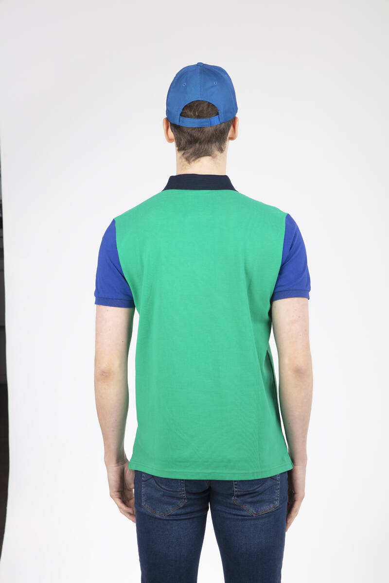 Green Sax Blue Navy Blue Embroidered Polo Neck T-Shirt