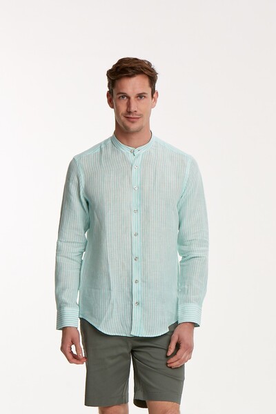 VOLTAJ - Green White Striped Linen Judge Collar Men's Shirt