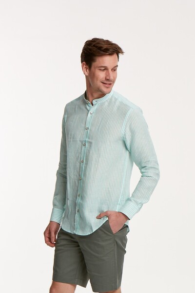 VOLTAJ - Green White Striped Linen Judge Collar Men's Shirt (1)