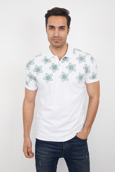 Half Floral Patterned Polo Neck Men's T-Shirt - Thumbnail