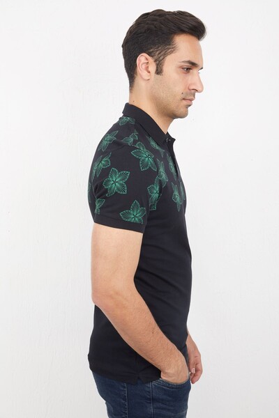 Half Floral Patterned Polo Neck Men's T-Shirt - Thumbnail