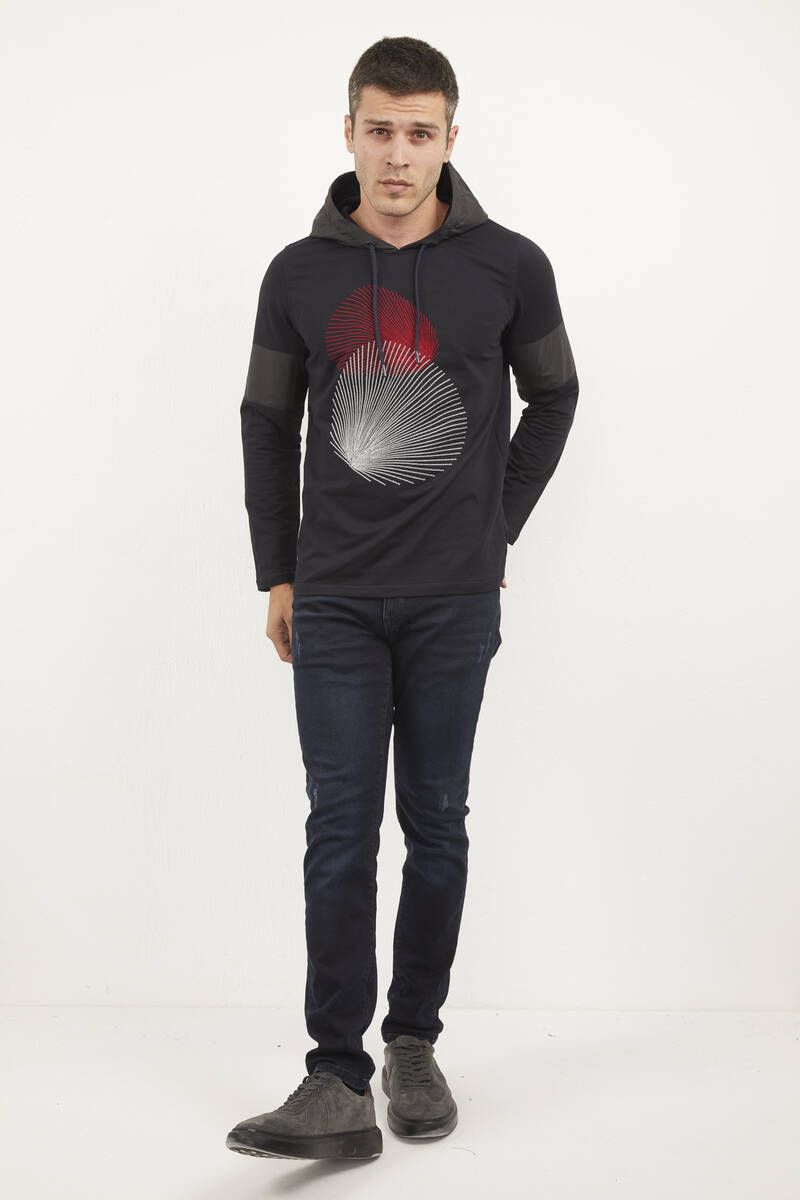 Hooded Printed Dark Sweatshirt - 1