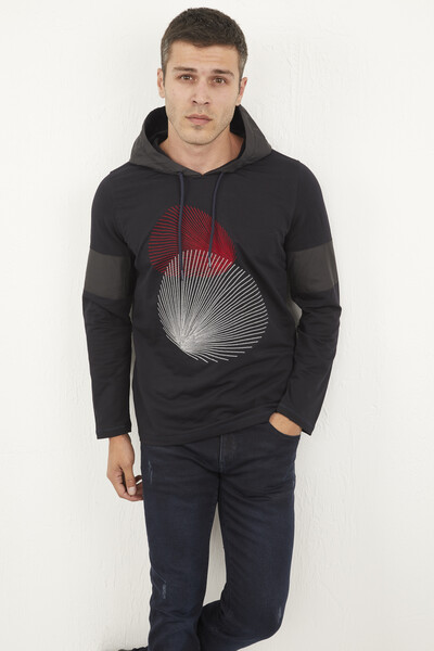 Hooded Printed Dark Sweatshirt - Thumbnail