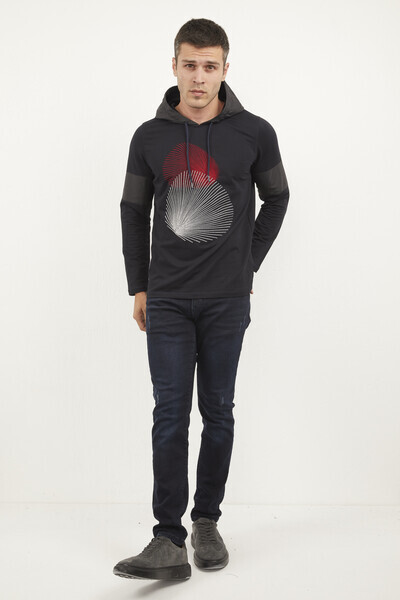 Hooded Printed Dark Sweatshirt - Thumbnail