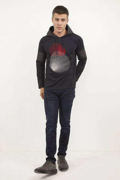 Hooded Printed Dark Sweatshirt - 5