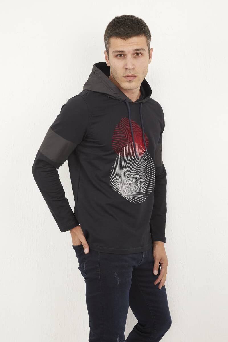 Hooded Printed Dark Sweatshirt - 3