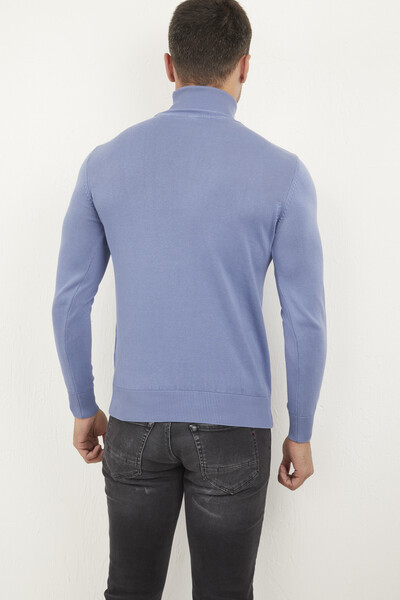 Indigo Turtleneck Cotton Piece Dye Knitwear Sweater - Thumbnail