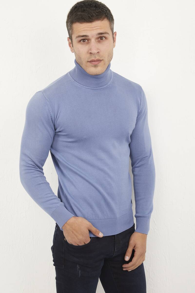 Indigo Turtleneck Cotton Piece Dye Knitwear Sweater