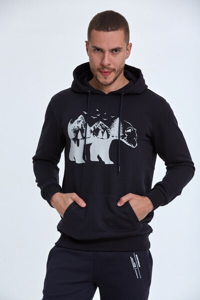 Kangaroo Pocket Hooded Bear Printed Sweatshirt - Thumbnail