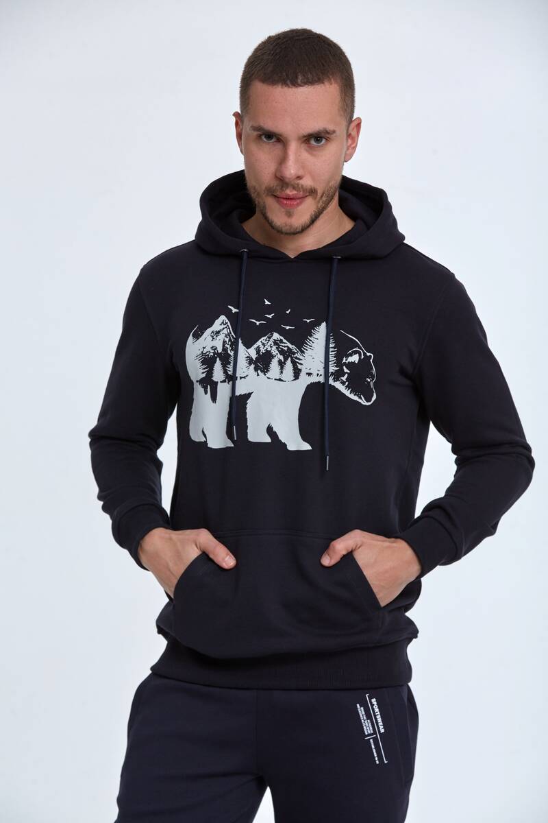 Kangaroo Pocket Hooded Bear Printed Sweatshirt