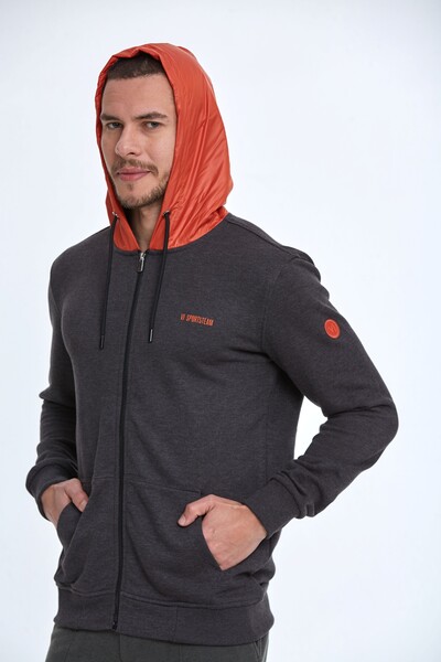 Kangaroo Pocket Hooded Zippered Sweatshirt - Thumbnail