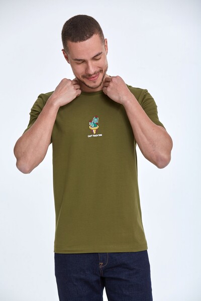 Хлопковая футболка с круглым вырезом и вышивкой кактуса - Thumbnail