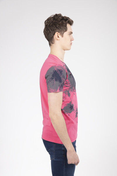 Leaf and Letter Printed Crew Neck T-Shirt - Thumbnail