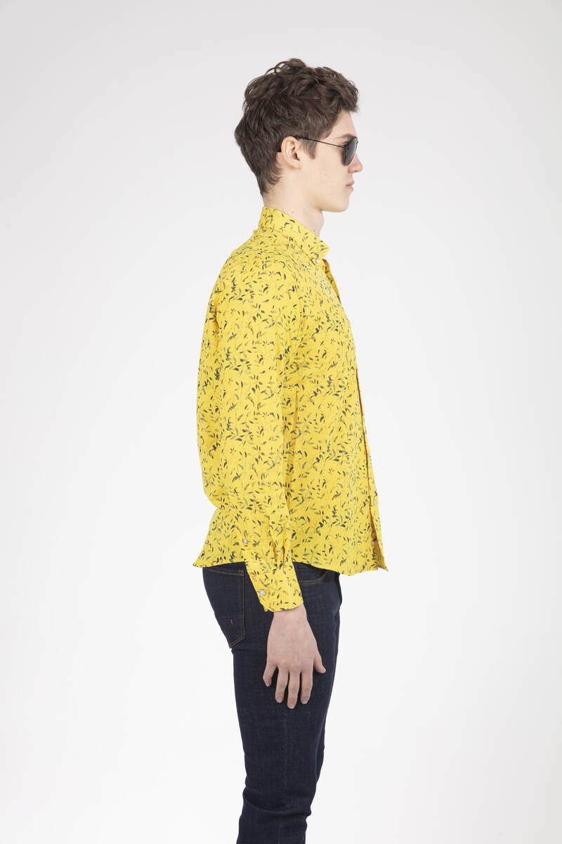 Leaf Patterned Yellow Long Sleeve Shirt