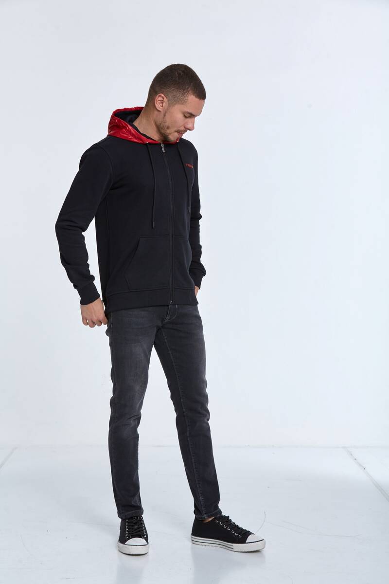 Libra Fermuarlı Kapüşonlu Erkek Sweatshirt Siyah - 5