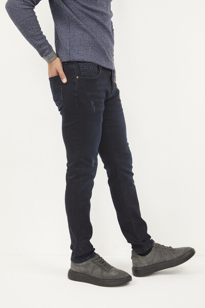 Lycra Wear Effect Slim Fit Dark Blue Men's Jeans - Thumbnail