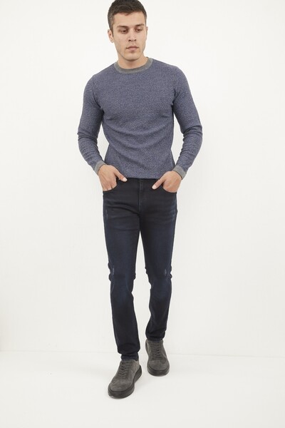 Lycra Wear Effect Slim Fit Dark Blue Men's Jeans - Thumbnail