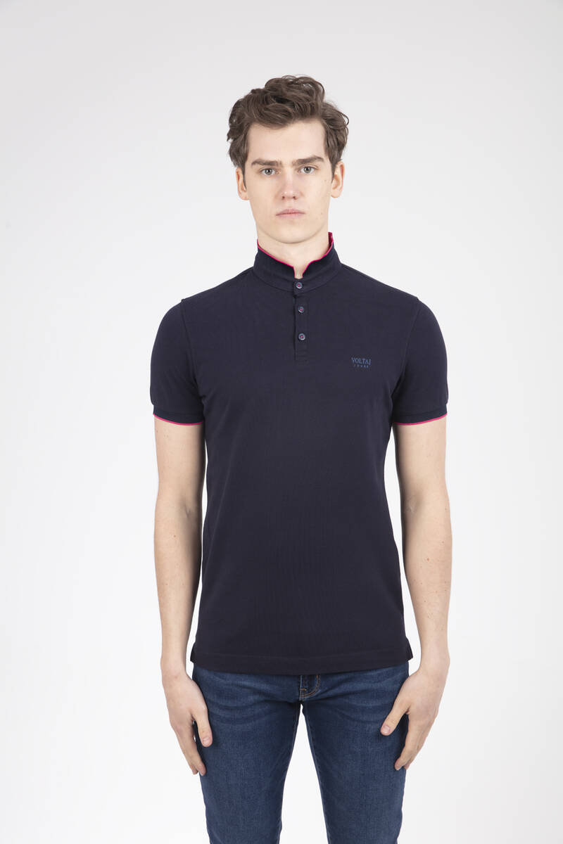 Mandarin Collar Buttoned Pique Men's T-Shirt - 9