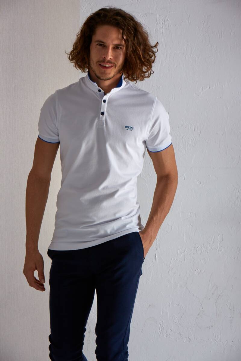 Mandarin Collar Buttoned Pique Men's T-Shirt - 1