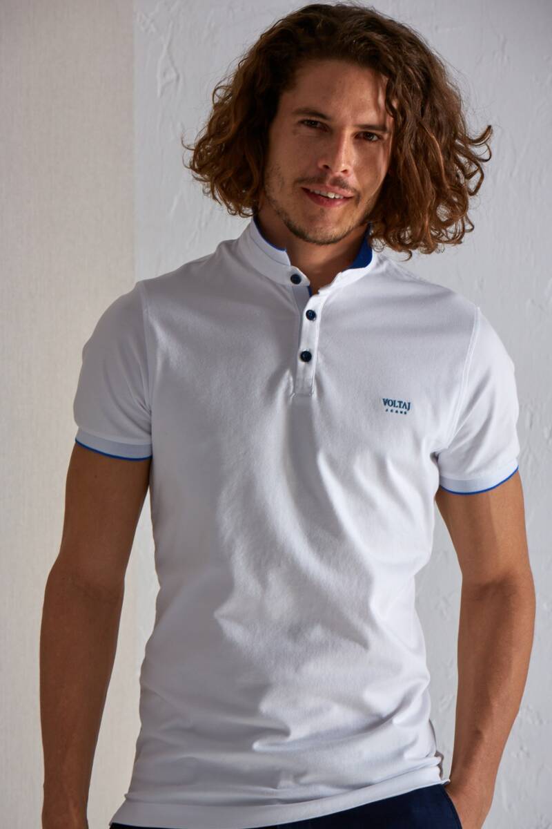 Mandarin Collar Buttoned Pique Men's T-Shirt - 2