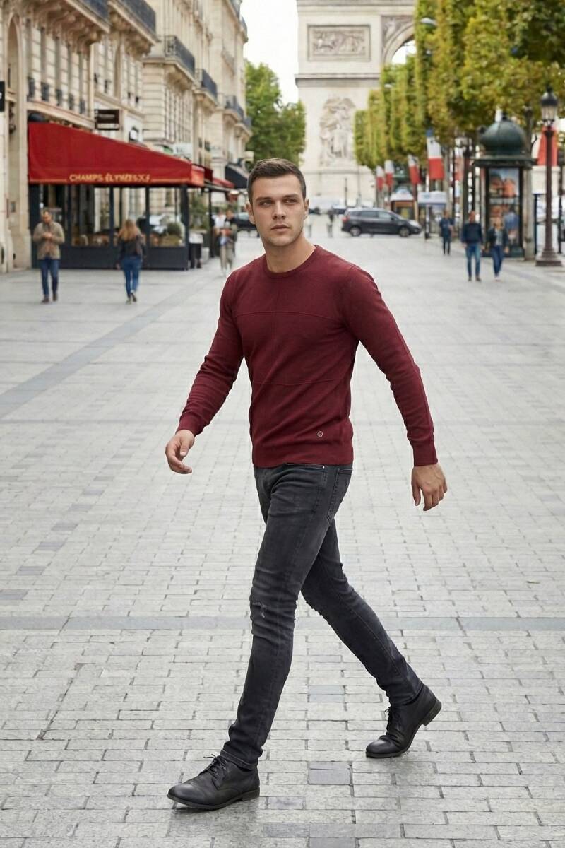 Mateo Bisiklet Yaka Erkek Triko Kazak Bordo - 4